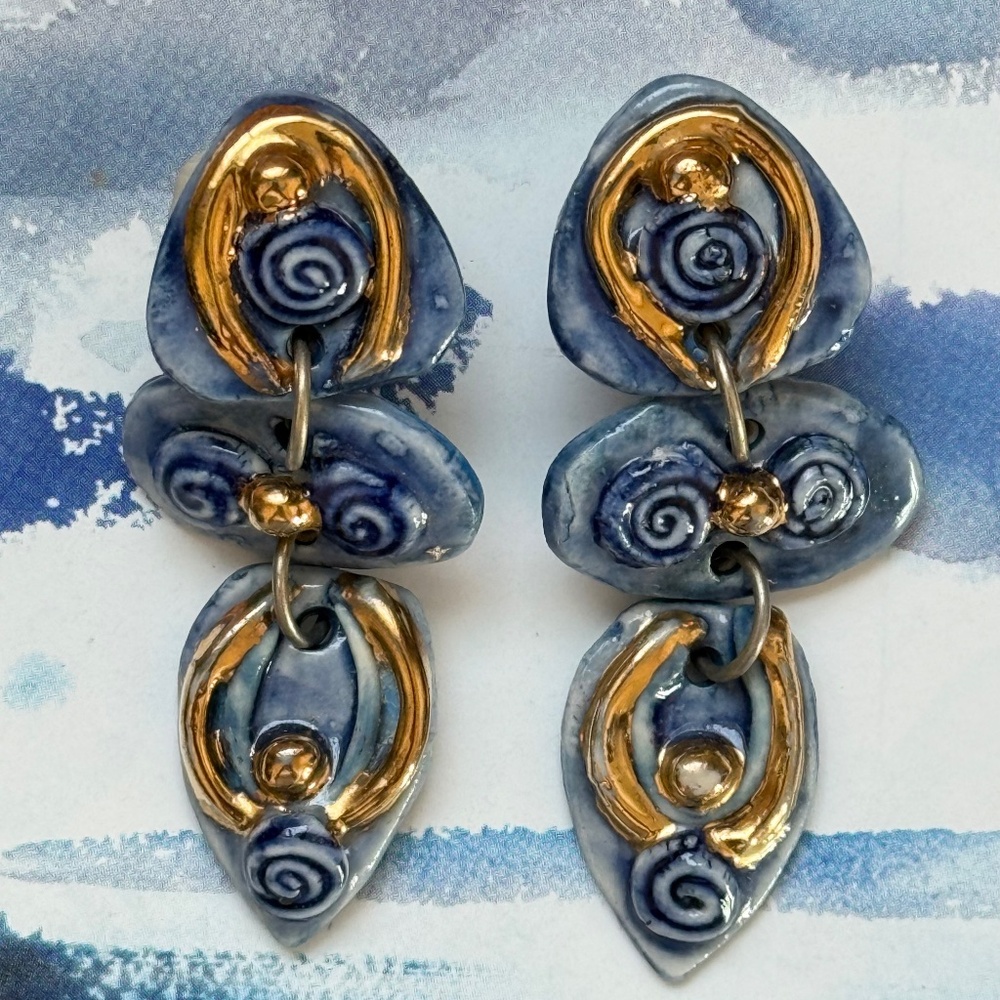 HANDMADE ARTISAN Earrings Dangle Clip Glazed Blue Gold Bohemian Tribal
